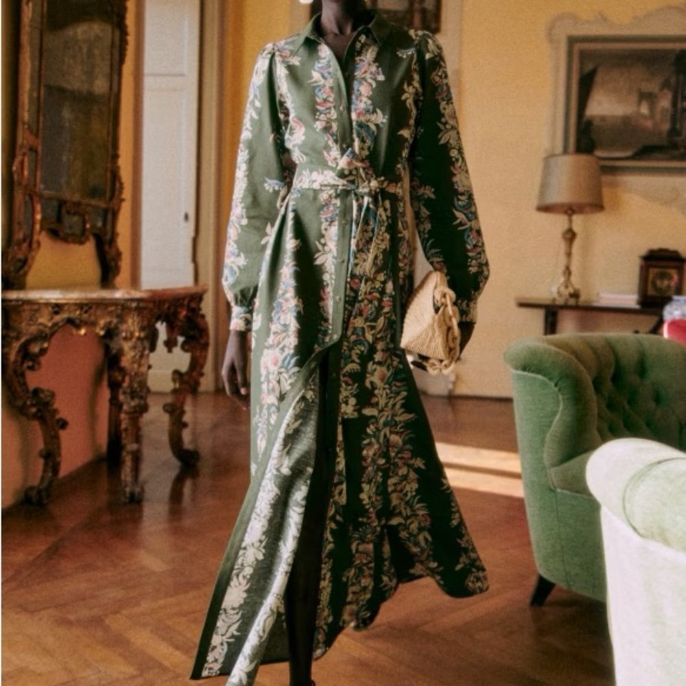 Sezane Green Floral Long Sleeve Dress